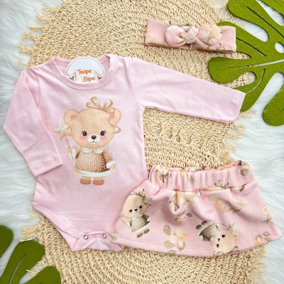 Conj. Body Manga Longa Ursinha, Saia e Faixinha em Plush - Rosa